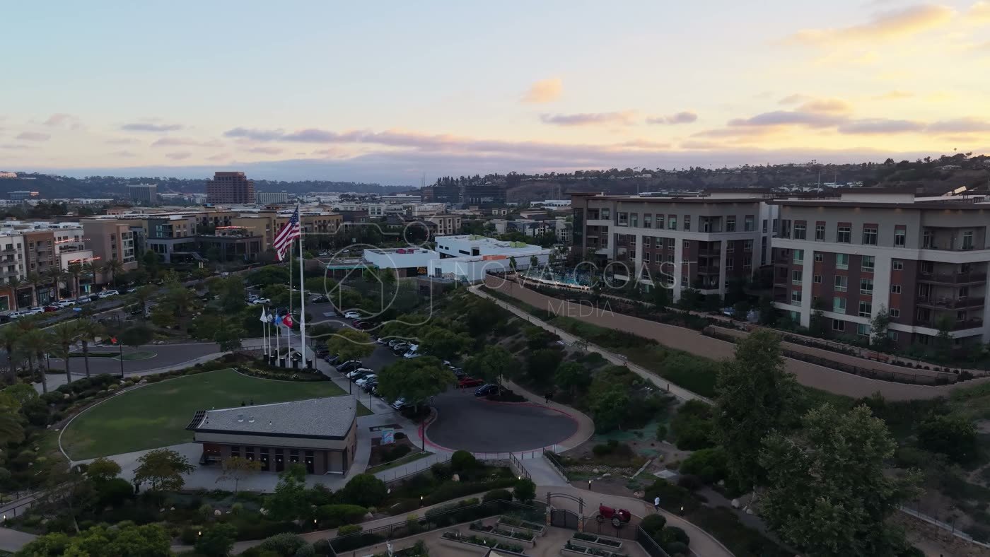 Civita Hilltop Residences Above the Community Garden Terraces at Dusk – Overhead Detail