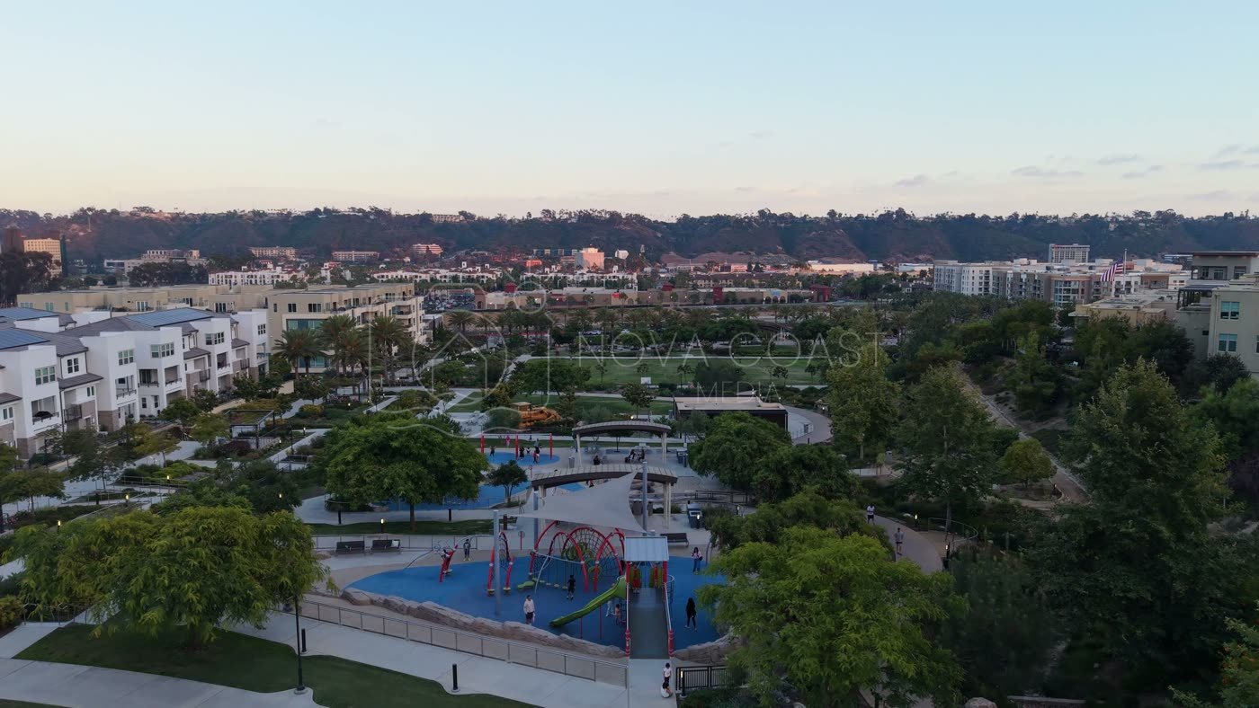 Civita Park Playground and Green Space Framed by Mission Valley Hills – Aerial View