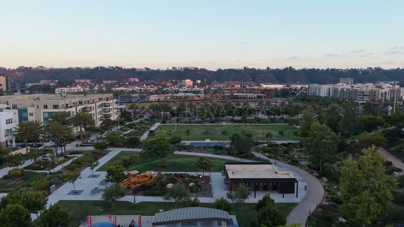 Civita Park Playground and Green Space Framed by Mission Valley Hills – Wide Establishing Frame