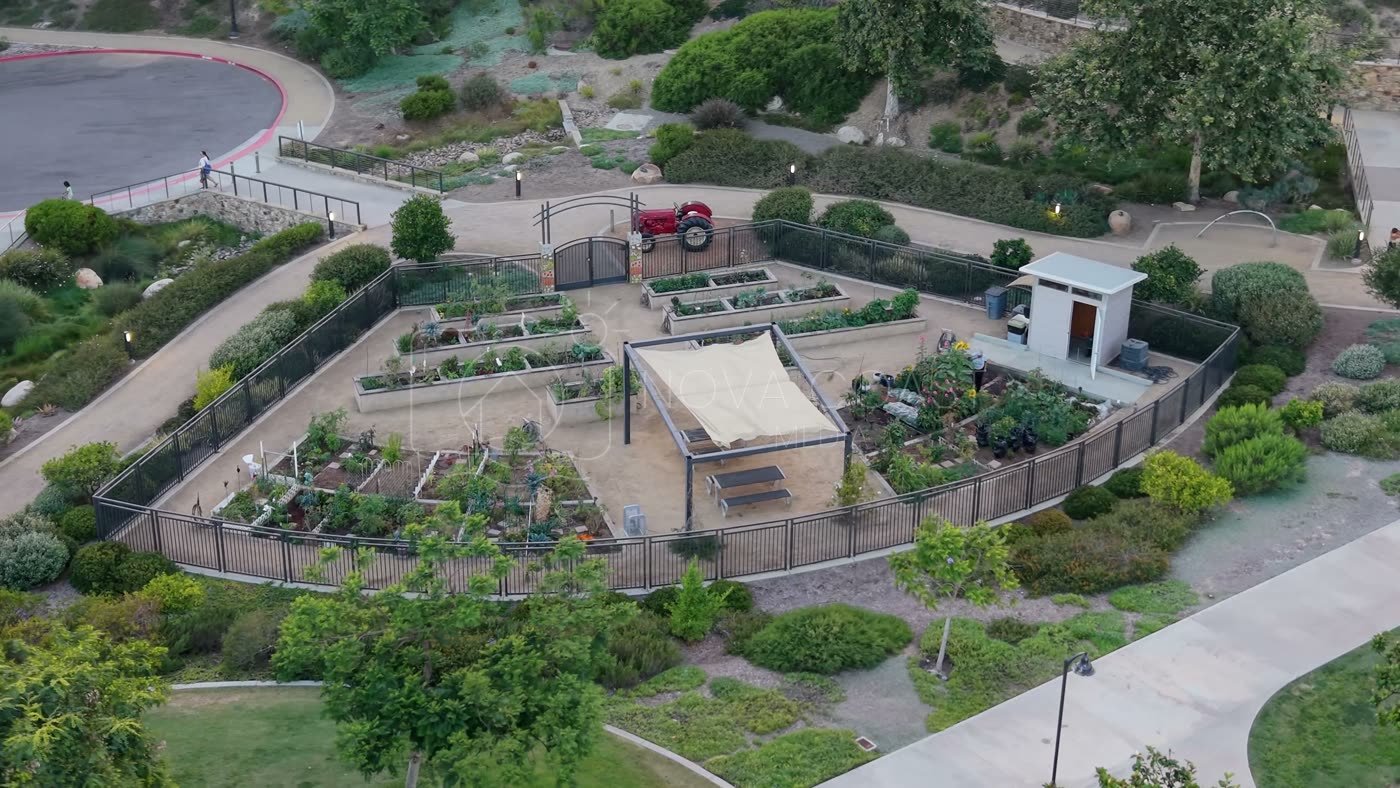 Overhead of the Civita Community Garden Plots and Shade Pavilion – Wide Establishing Frame