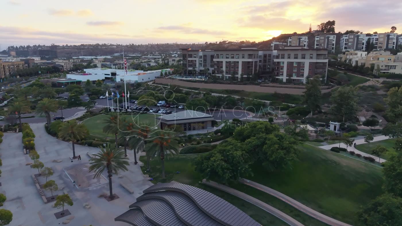 Civita Palm-Lined Boulevard and Park as the Sun Sets Over the Ridge – Overhead Detail