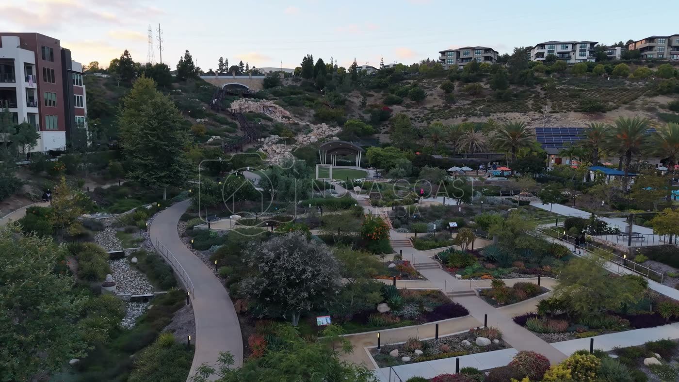 Civita Terraced Botanical Gardens and Winding Pathways at Twilight – Overhead Detail