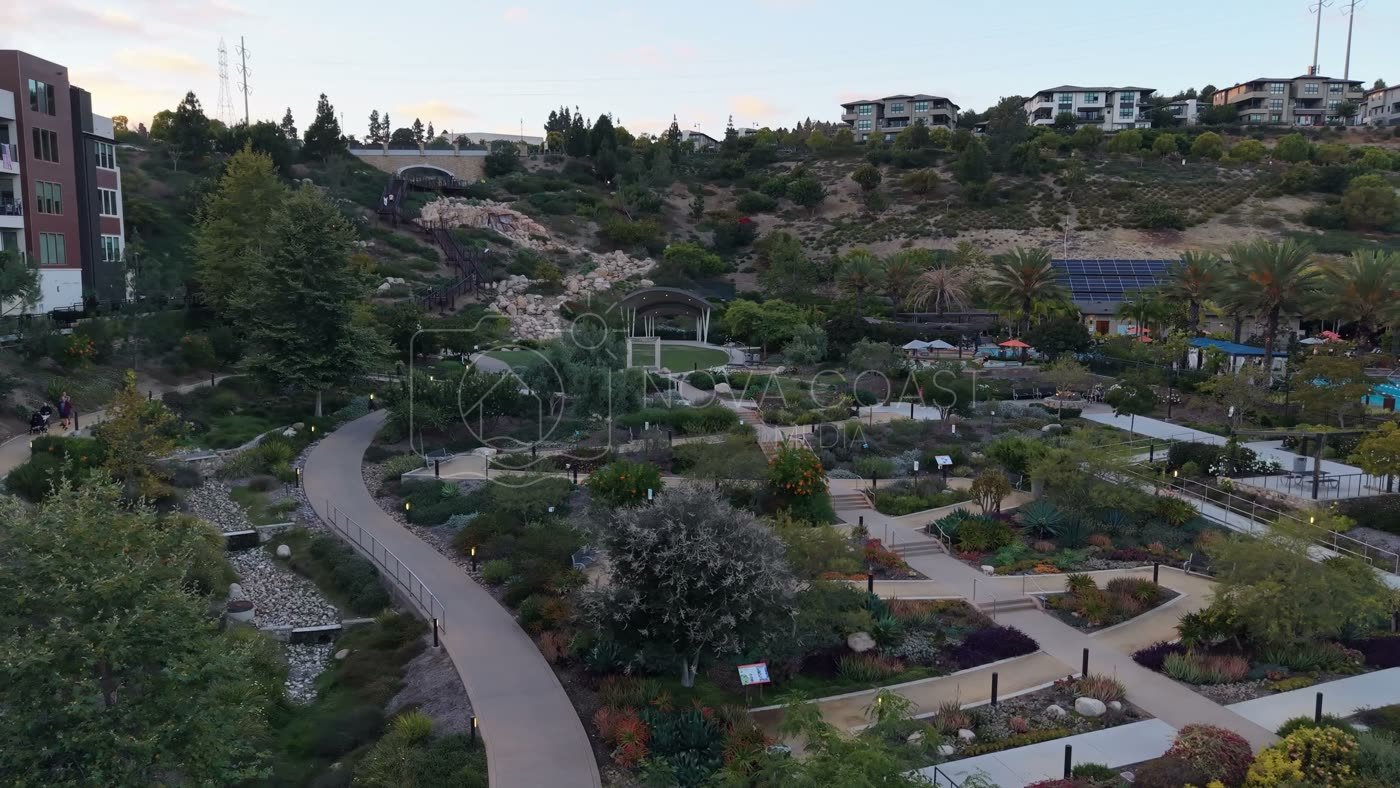Civita Terraced Botanical Gardens and Winding Pathways at Twilight – Golden Hour Frame