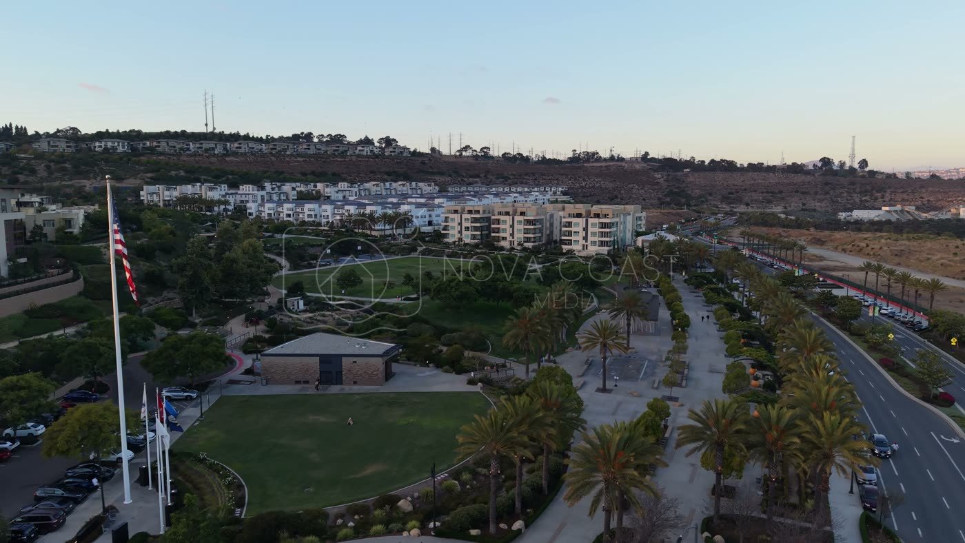 Civita Park Great Lawn and Flag Court Beside the Palm Promenade – Elevated Perspective