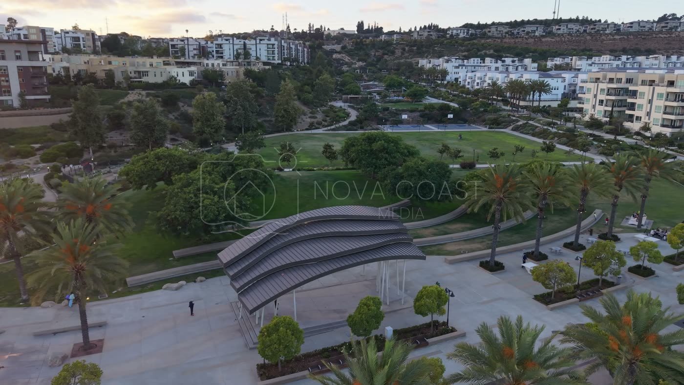 Civita Park Curved Steel Amphitheater Pavilion Above the Green – Aerial View
