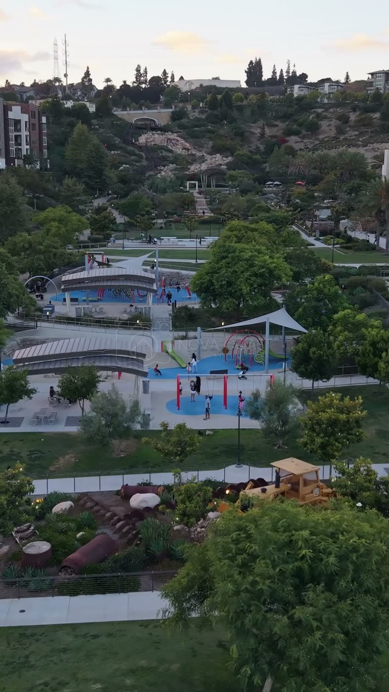 Civita Park Basketball Courts Framed by Townhomes and Sunset Hills – High-Angle Panorama (Vertical)