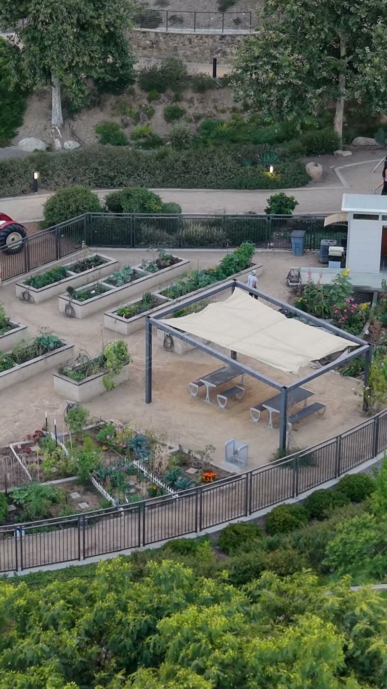 Overhead of the Civita Community Garden Plots and Shade Pavilion – Aerial View (Vertical)