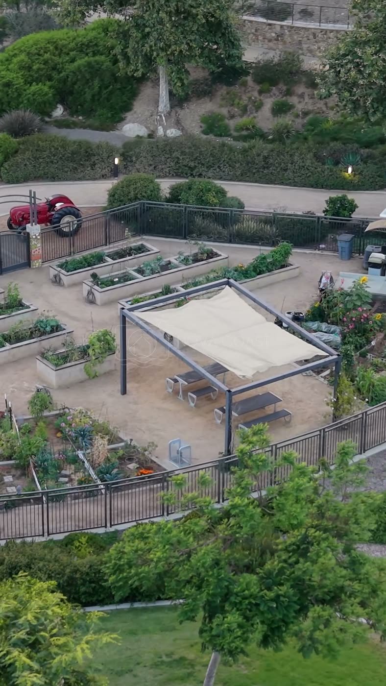 Overhead of the Civita Community Garden Plots and Shade Pavilion – Elevated Perspective (Vertical)
