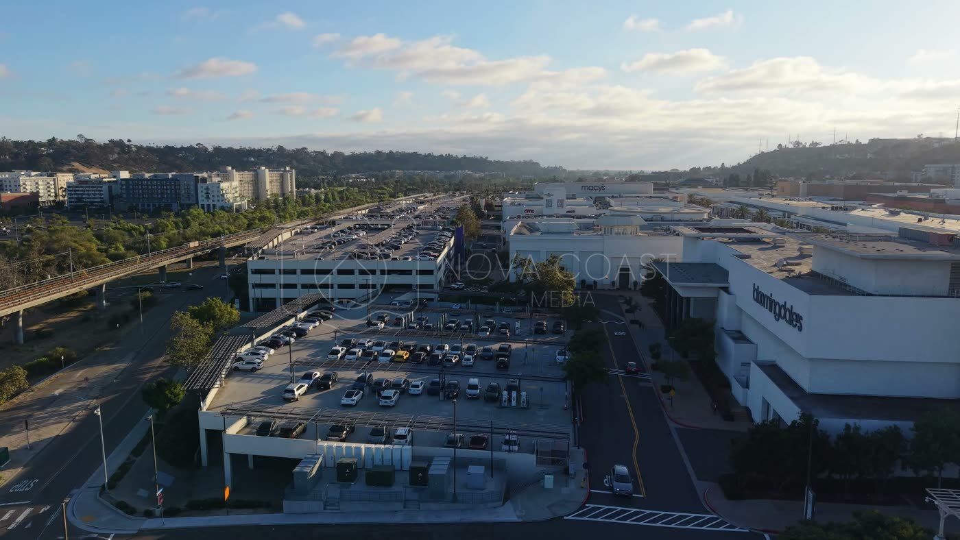 Fashion Valley Mall Shopping Complex and Trolley Line from Above – Aerial View