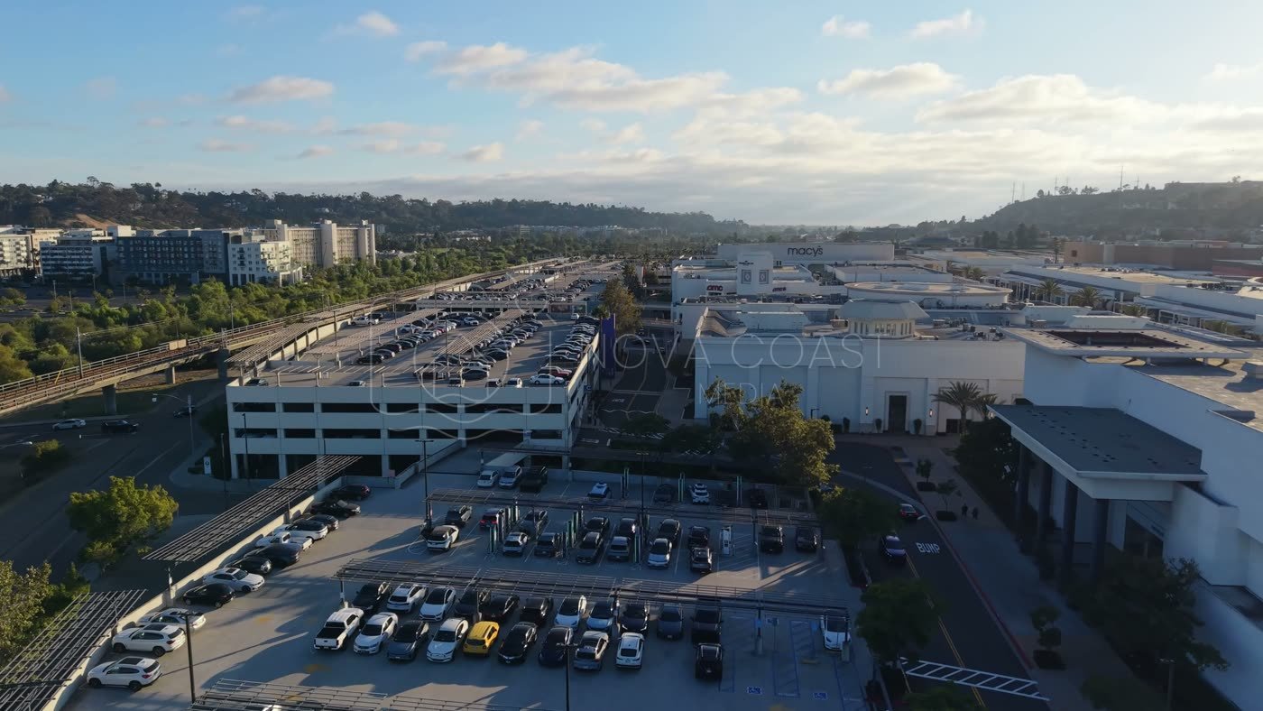 Fashion Valley Mall Shopping Complex and Trolley Line from Above – Wide Establishing Frame
