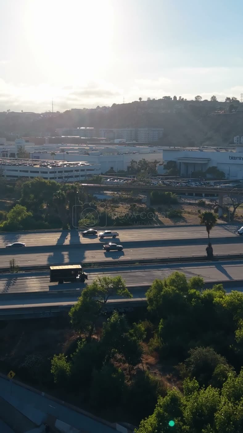 Fashion Valley Mall and the Freeway Interchange Under Morning Sun – Elevated Perspective (Vertical)
