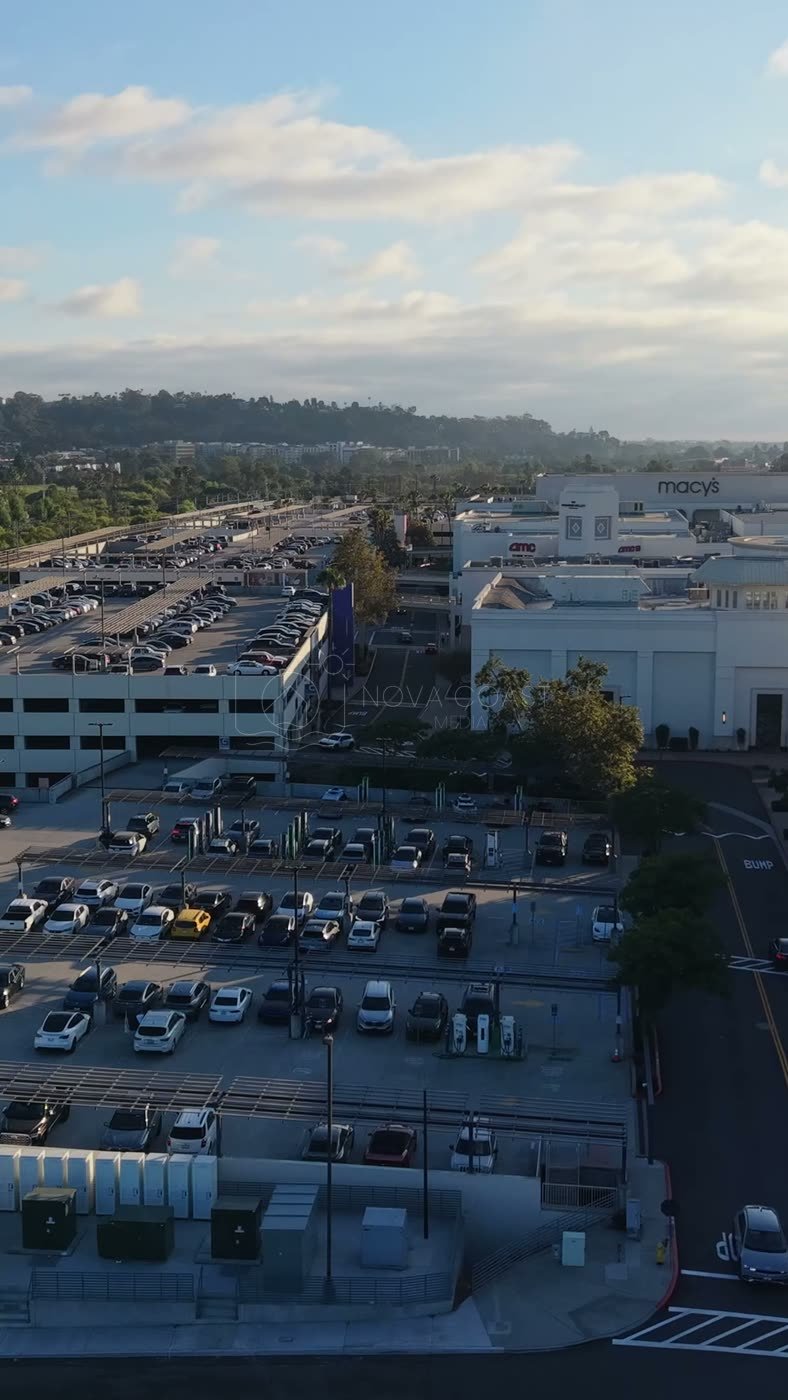 Fashion Valley Mall Shopping Complex and Trolley Line from Above – Aerial View (Vertical)