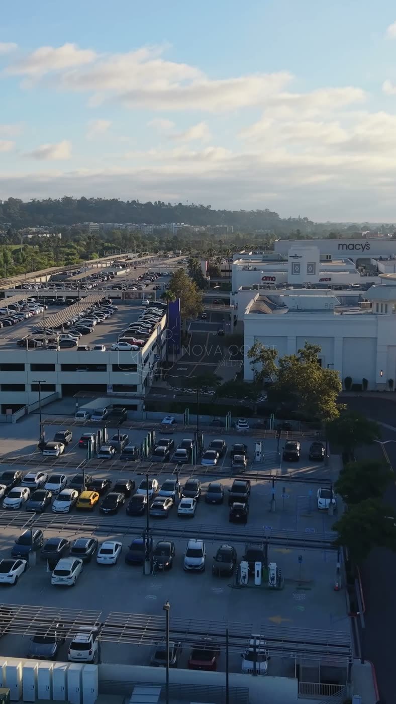 Fashion Valley Mall Shopping Complex and Trolley Line from Above – Elevated Perspective (Vertical)