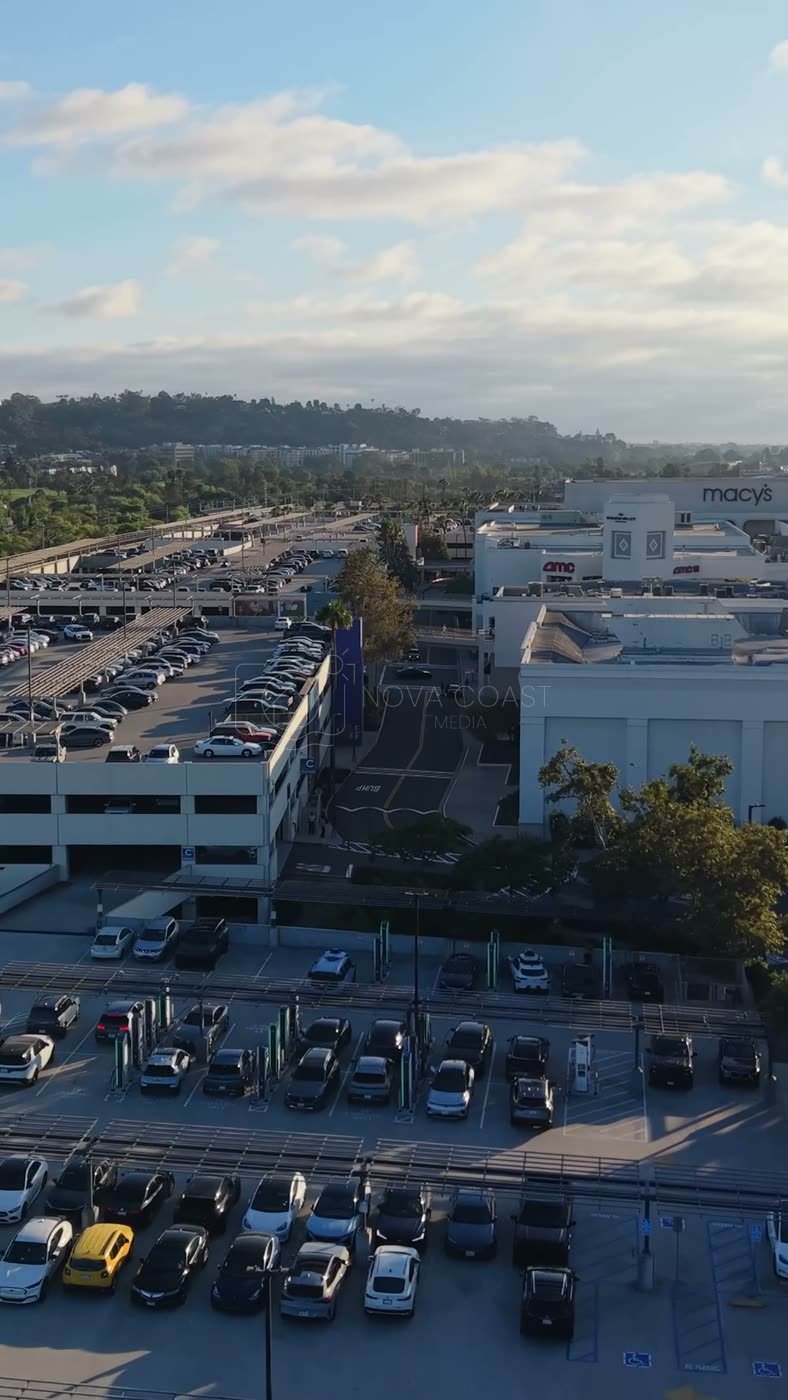 Fashion Valley Mall Shopping Complex and Trolley Line from Above – Wide Establishing Frame (Vertical)