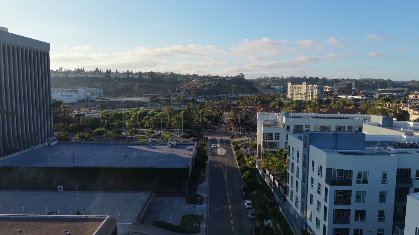 Mission Valley Streetscape with Apartments and Freeway Beyond at Morning – Aerial View