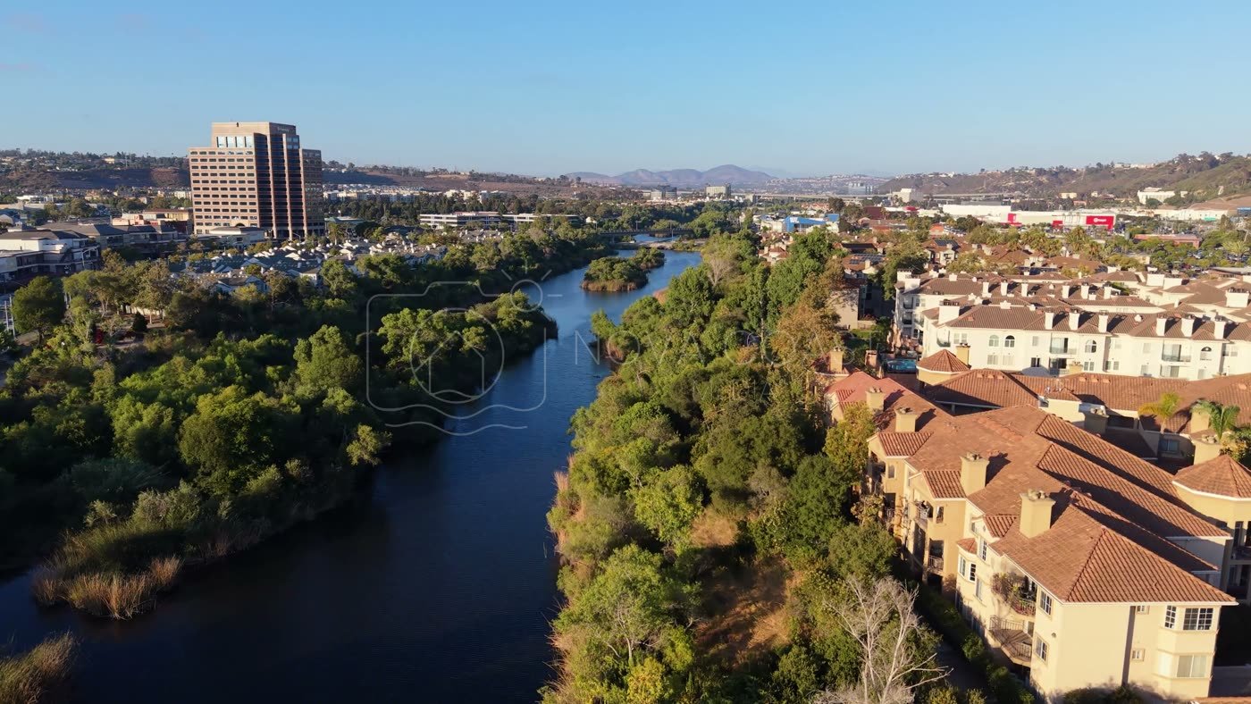 San Diego River Winding Past Riverside Townhomes in Mission Valley – Overhead Detail