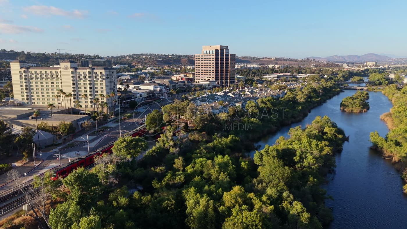 Mission Valley Hotel District and Trolley Along the San Diego River – Aerial View