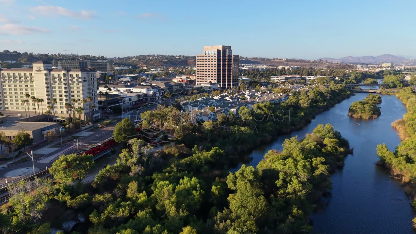 Mission Valley Hotel District and Trolley Along the San Diego River – Elevated Perspective