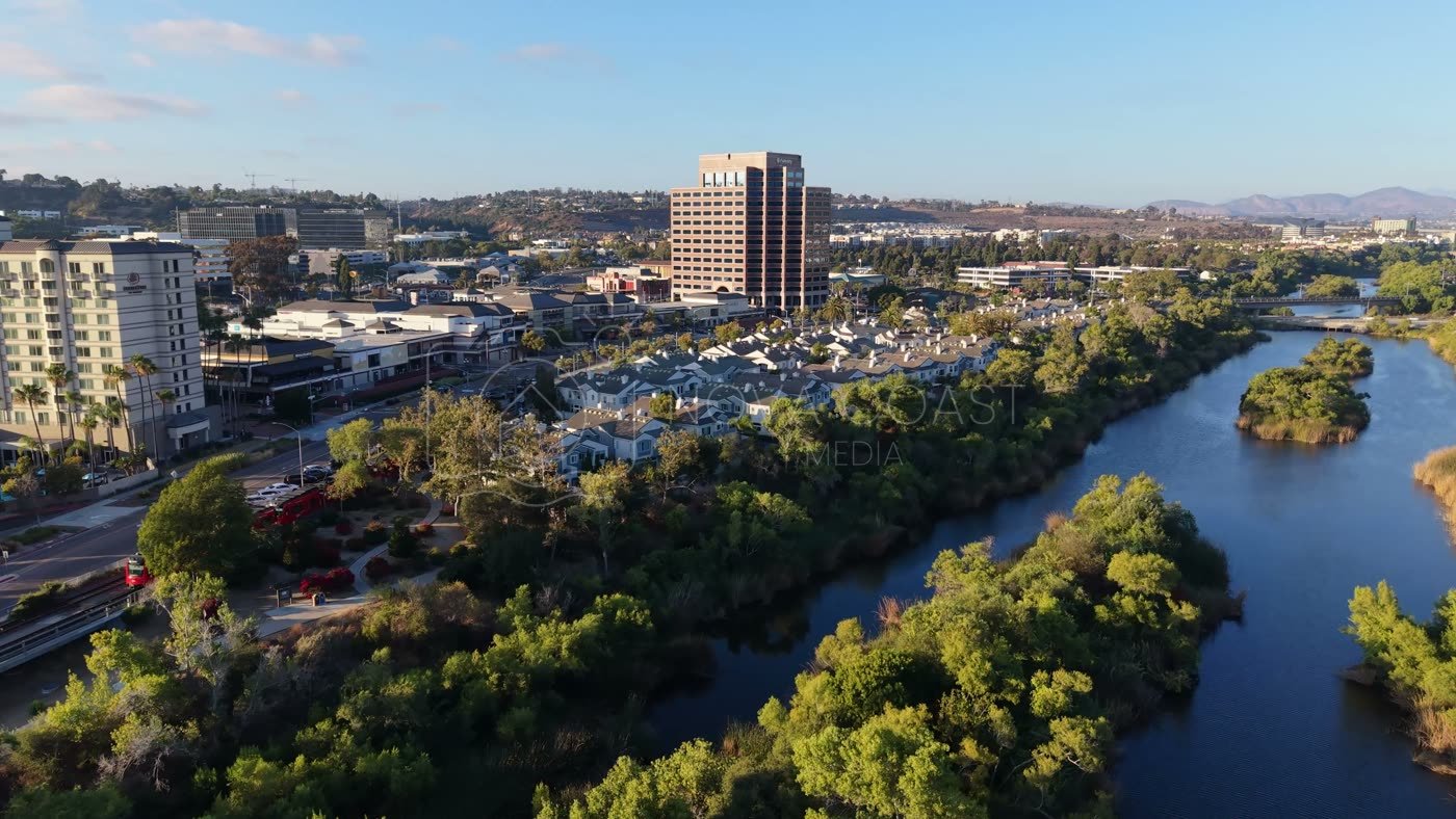 Mission Valley Hotel District and Trolley Along the San Diego River – Wide Establishing Frame