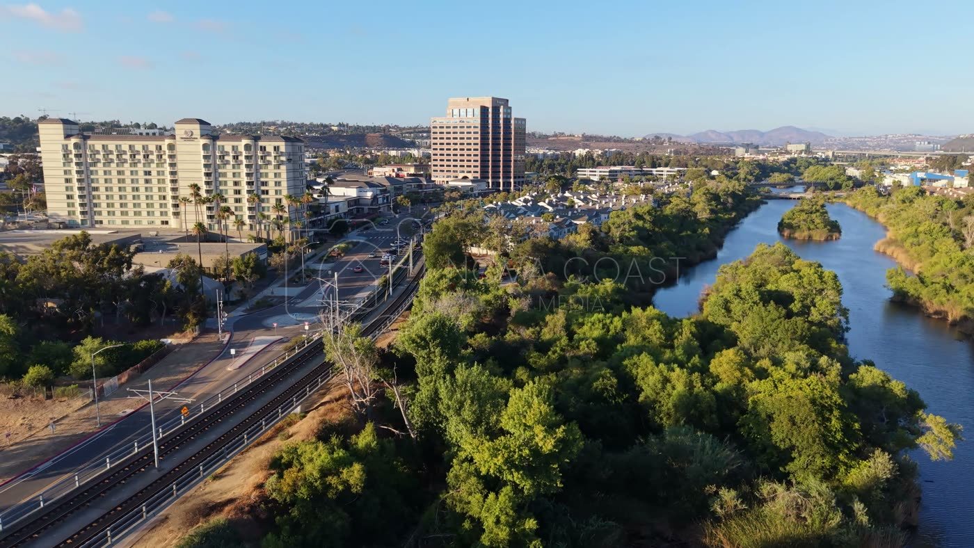 Lush San Diego River Bend Below the Mission Valley Skyline – Overhead Detail