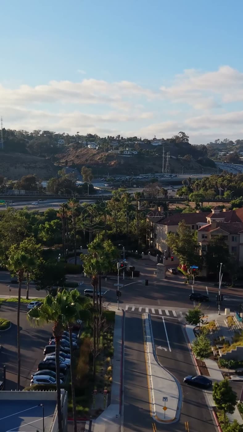 Mission Valley Streetscape with Apartments and Freeway Beyond at Morning – Wide Establishing Frame (Vertical)