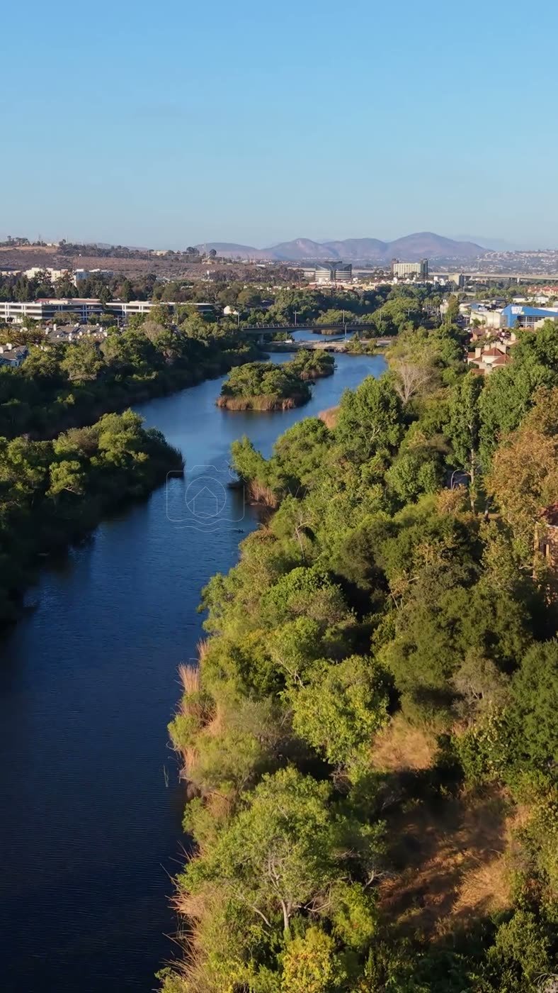 San Diego River Winding Past Riverside Townhomes in Mission Valley – Overhead Detail (Vertical)