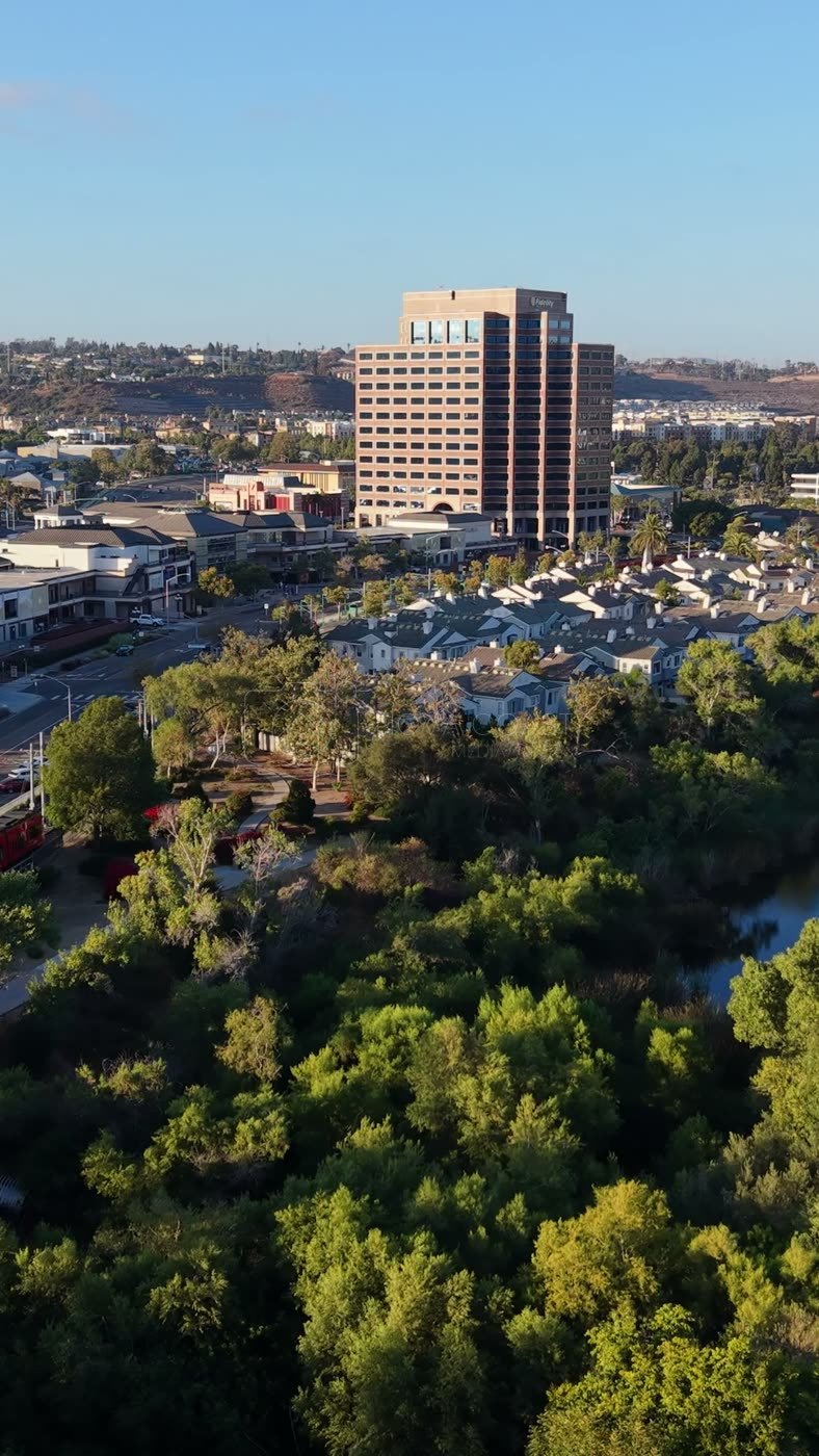 Mission Valley Hotel District and Trolley Along the San Diego River – Aerial View (Vertical)
