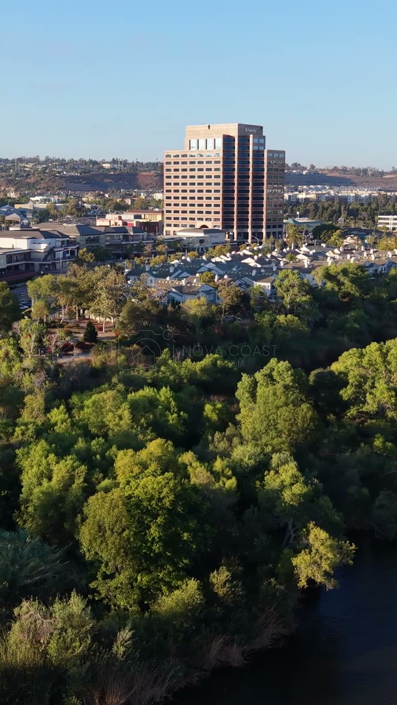 Lush San Diego River Bend Below the Mission Valley Skyline – Elevated Perspective (Vertical)