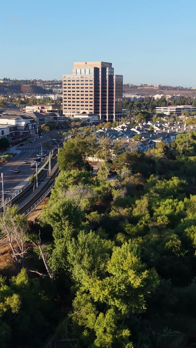 Lush San Diego River Bend Below the Mission Valley Skyline – Overhead Detail (Vertical)