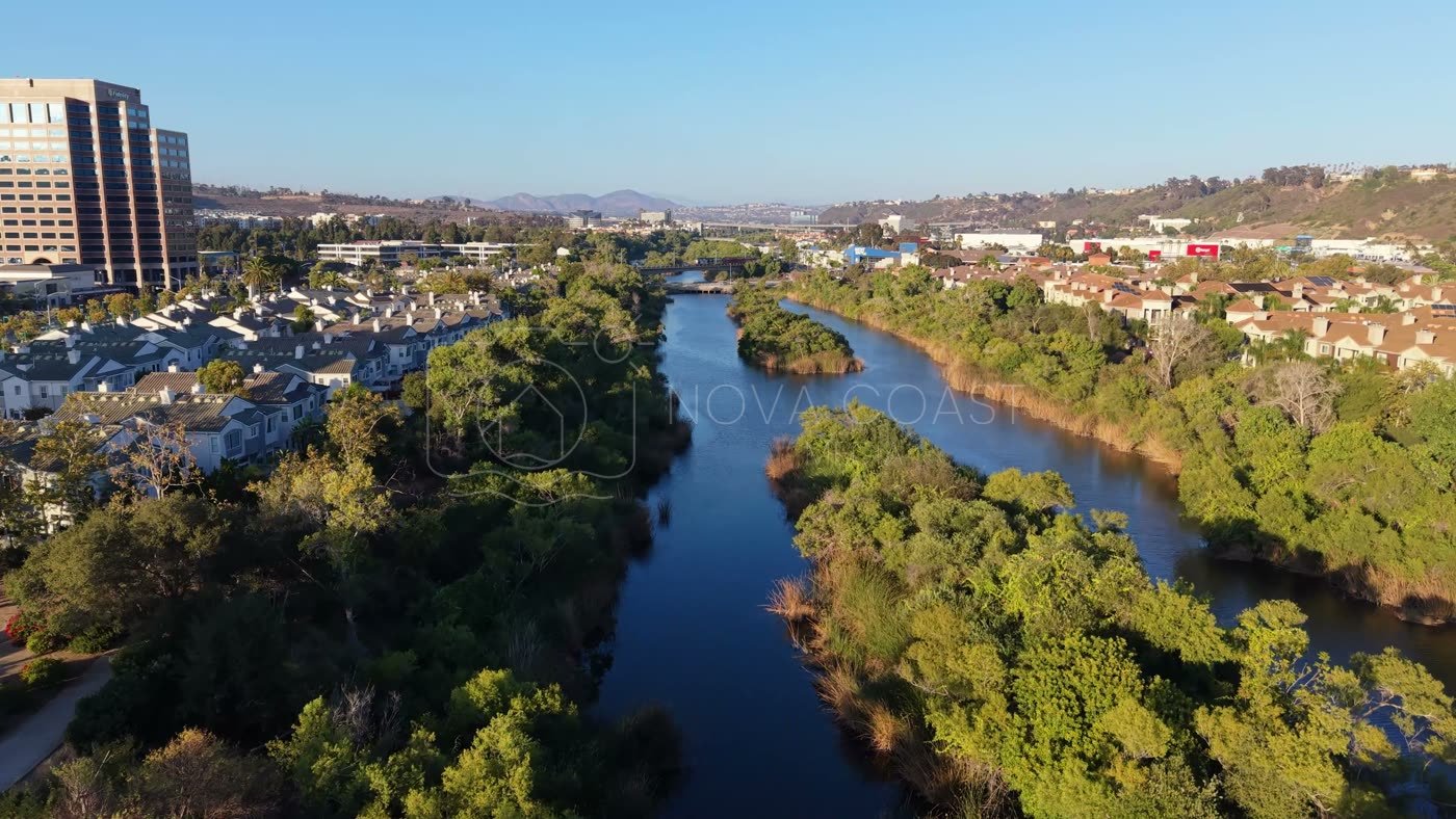 San Diego River Reflections Beside the Trolley Line and Office Tower – Overhead Detail