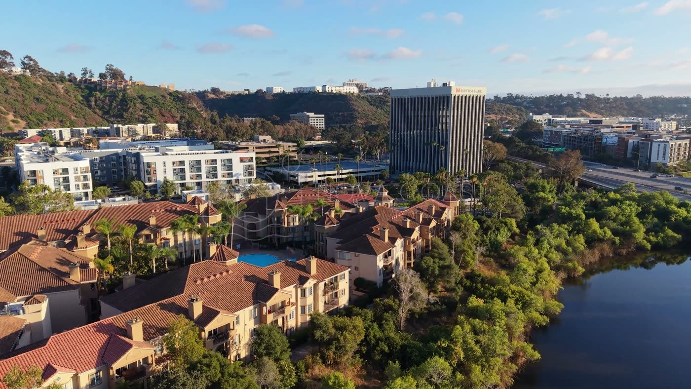 Riverside Mediterranean Apartments and Pool Along the San Diego River – Elevated Perspective