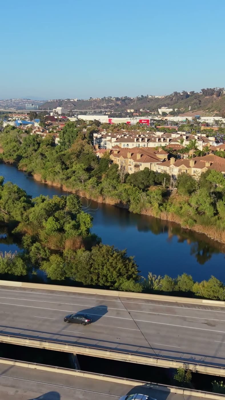 San Diego River and the Interstate 8 Bridge Beside Mission Valley Apartments – Elevated Perspective (Vertical)