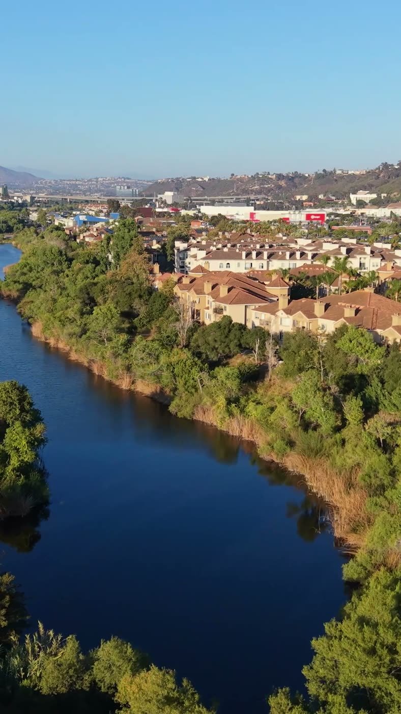 San Diego River and the Interstate 8 Bridge Beside Mission Valley Apartments – Wide Establishing Frame (Vertical)