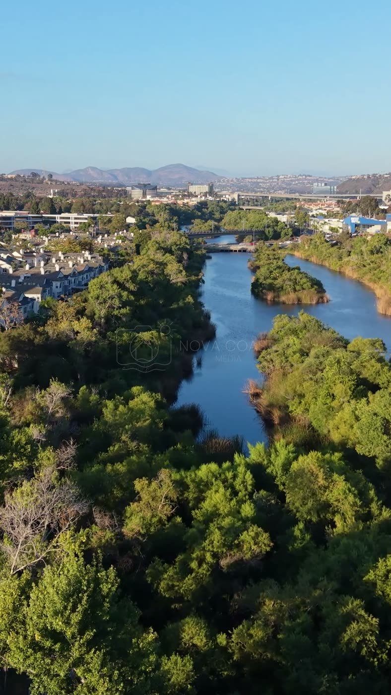 San Diego River Reflections Beside the Trolley Line and Office Tower – Elevated Perspective (Vertical)