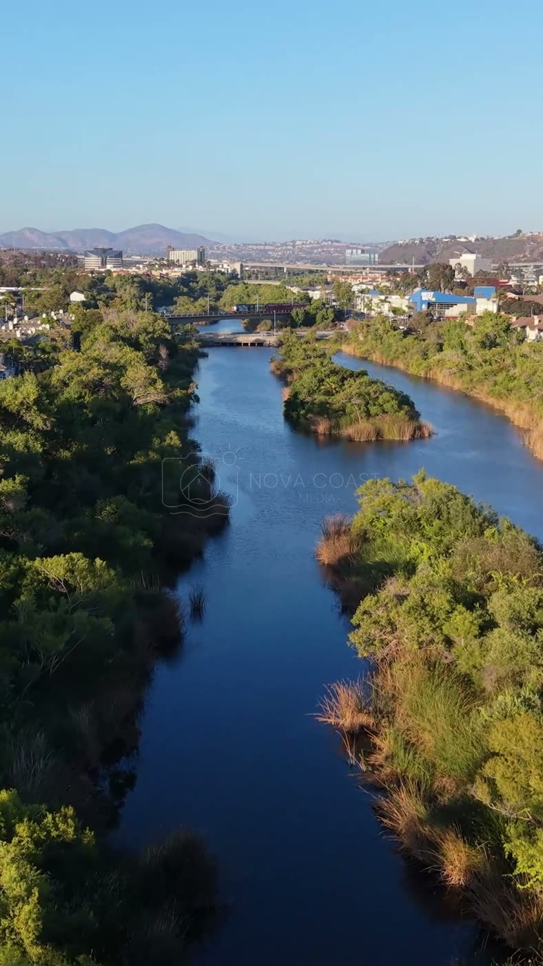 San Diego River Reflections Beside the Trolley Line and Office Tower – Overhead Detail (Vertical)