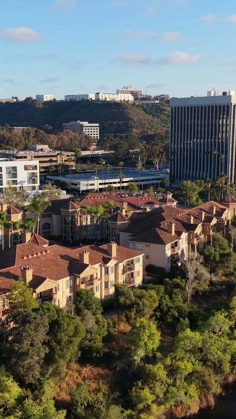 Riverside Mediterranean Apartments and Pool Along the San Diego River – Aerial View (Vertical)