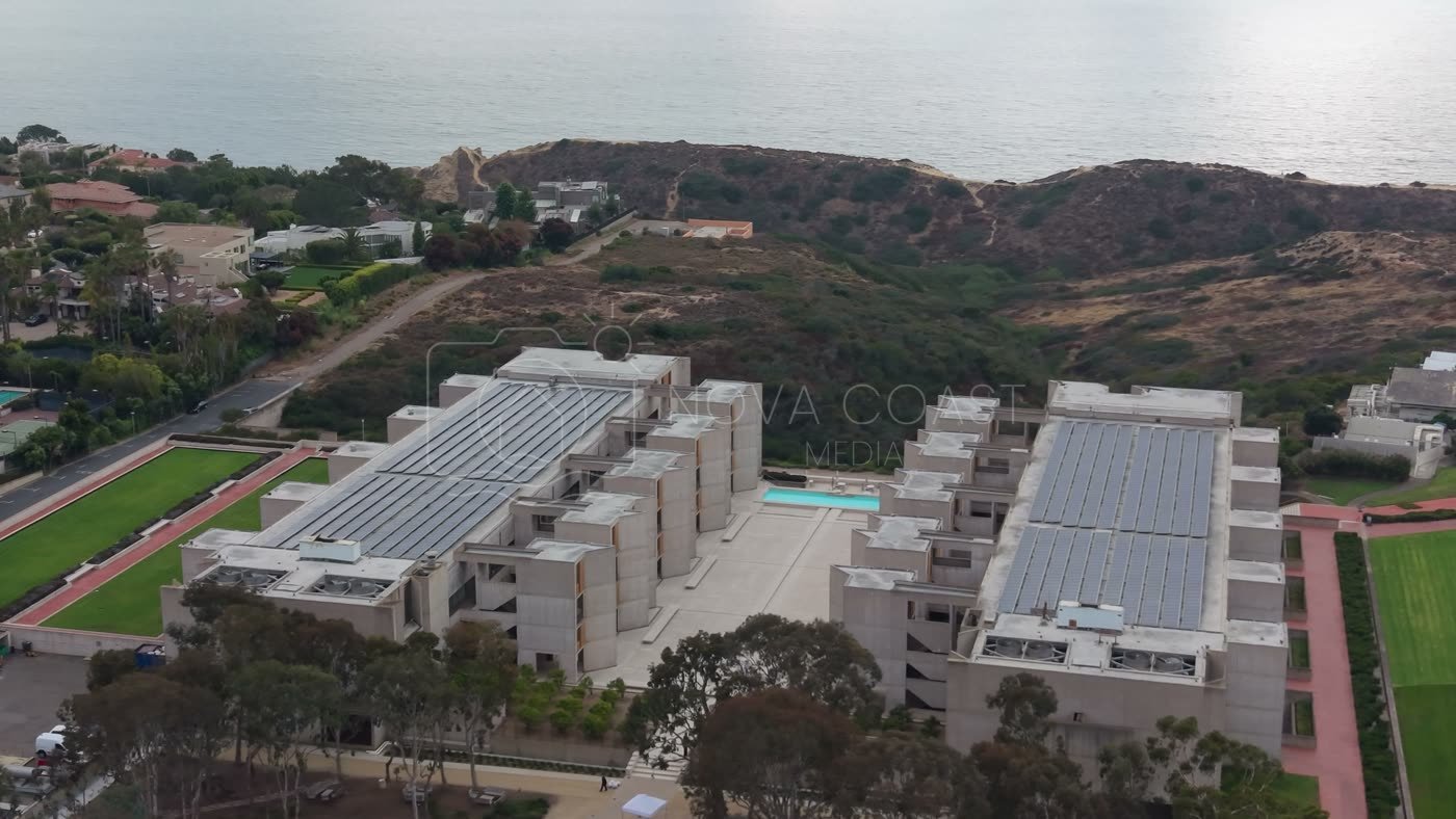 Aerial Profile of the Salk Institute Above La Jolla Shores – Sweeping Aerial