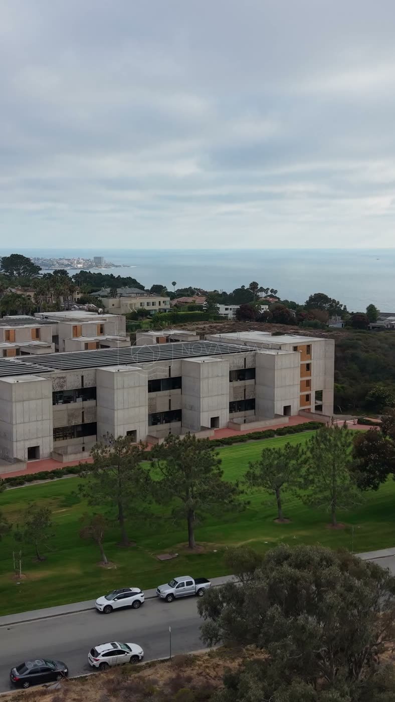 Salk Institute Brutalist Laboratories Overlooking the La Jolla Coast – Aerial View (Vertical)