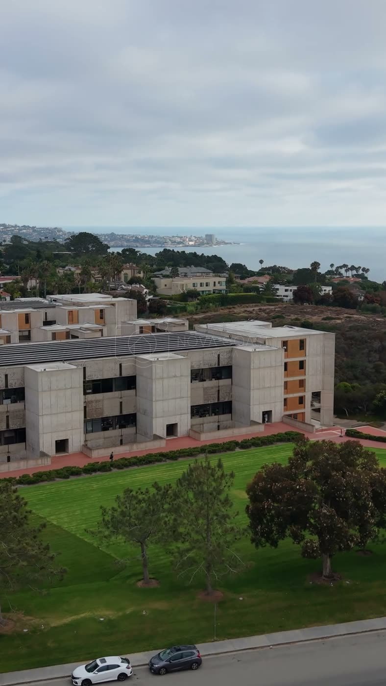 Salk Institute Brutalist Laboratories Overlooking the La Jolla Coast – Wide Establishing Frame (Vertical)