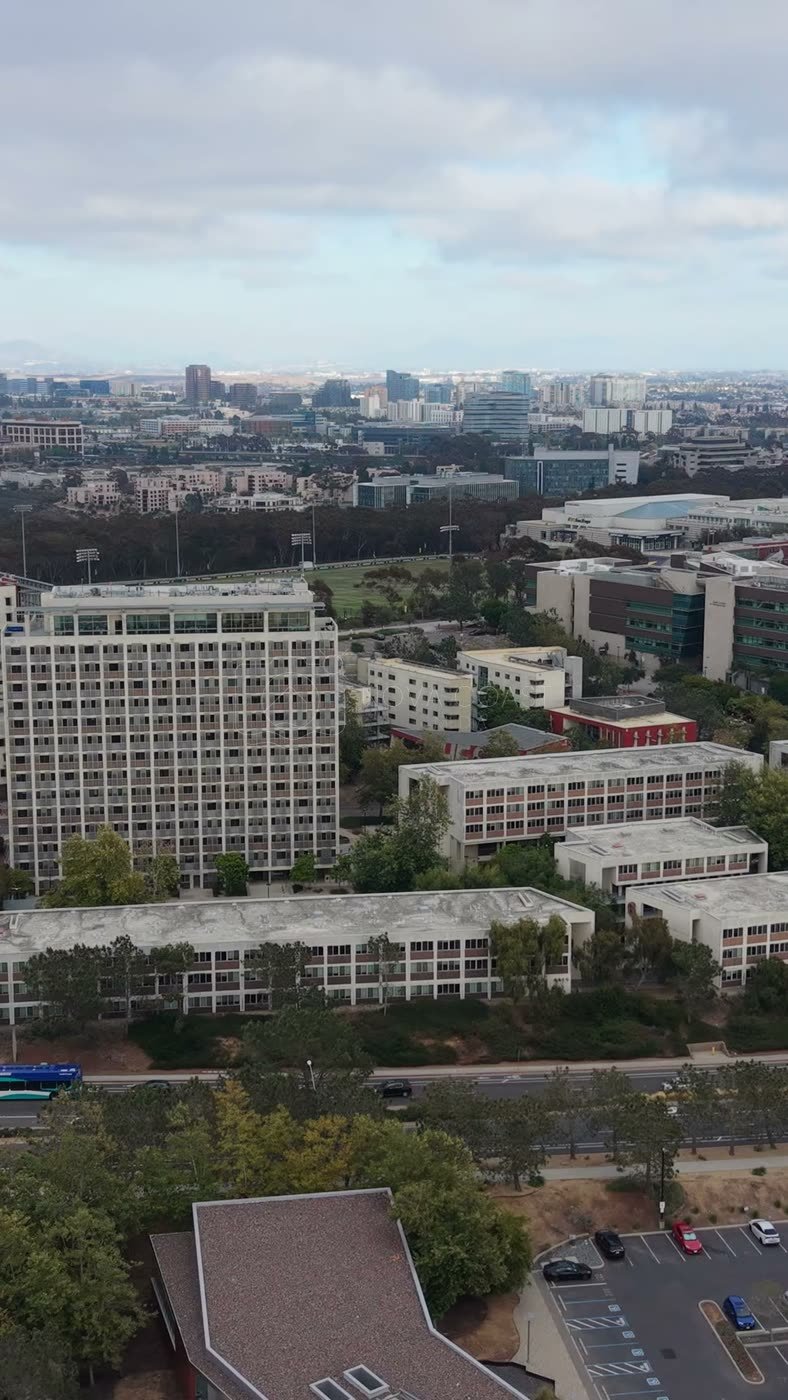UC San Diego Campus and Residential Towers Beside the Salk Institute – Aerial View (Vertical)