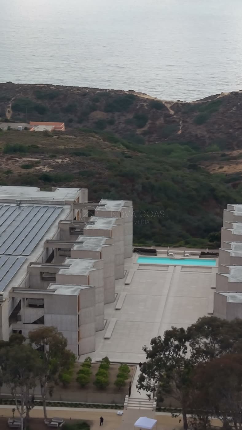 Aerial Profile of the Salk Institute Above La Jolla Shores – Soft Light Frame (Vertical)