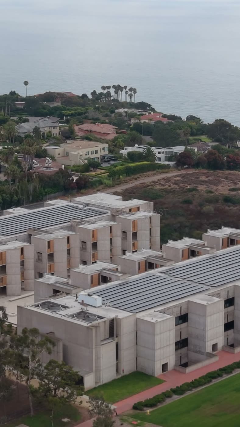 Aerial Profile of the Salk Institute Above La Jolla Shores – Golden Hour Frame (Vertical)