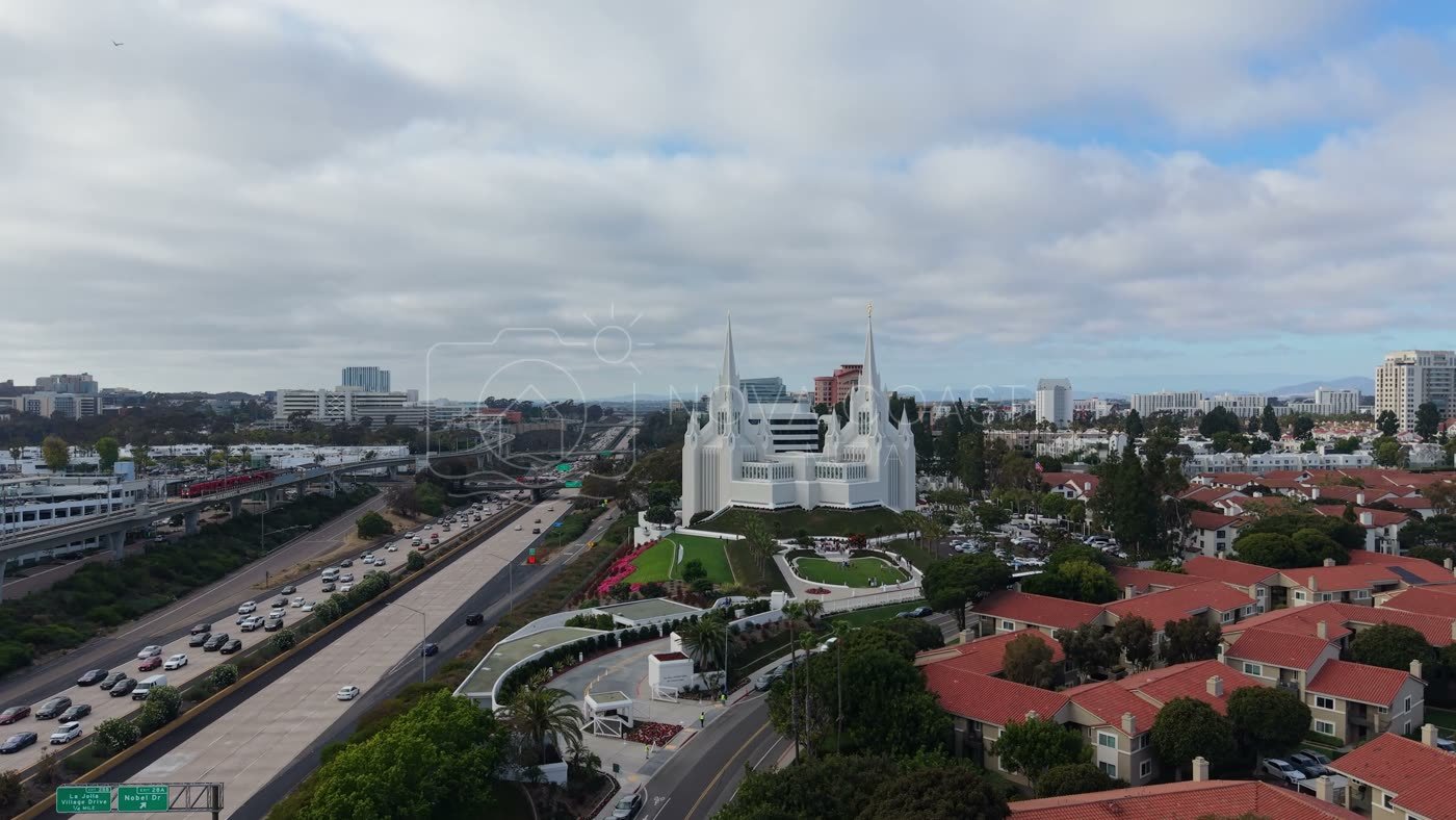 San Diego Temple Rising Beyond University City Rooftops – Overhead Detail