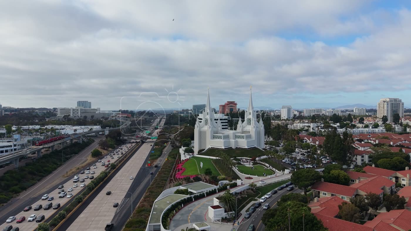 San Diego Temple Rising Beyond University City Rooftops – Golden Hour Frame