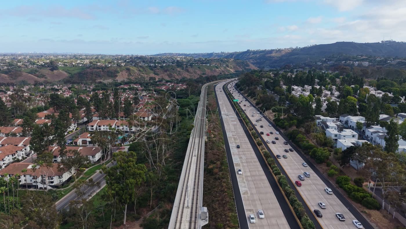 Interstate 5 and the Trolley Line Winding Through University City – Aerial View