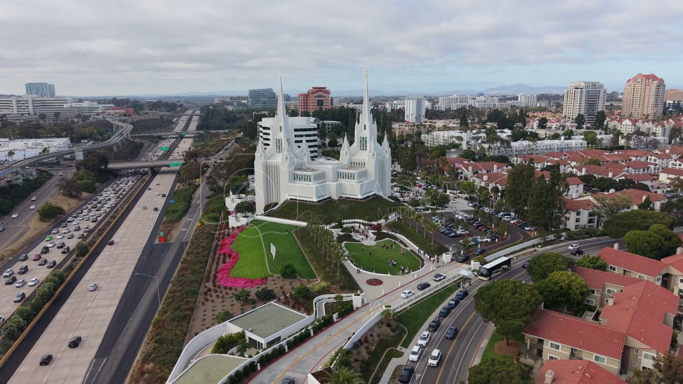 San Diego California Temple and Gardens Beside the I-5 Freeway – Aerial View