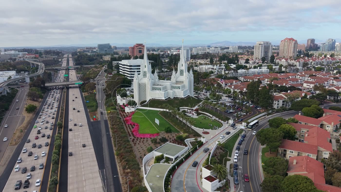 San Diego California Temple and Gardens Beside the I-5 Freeway – Wide Establishing Frame