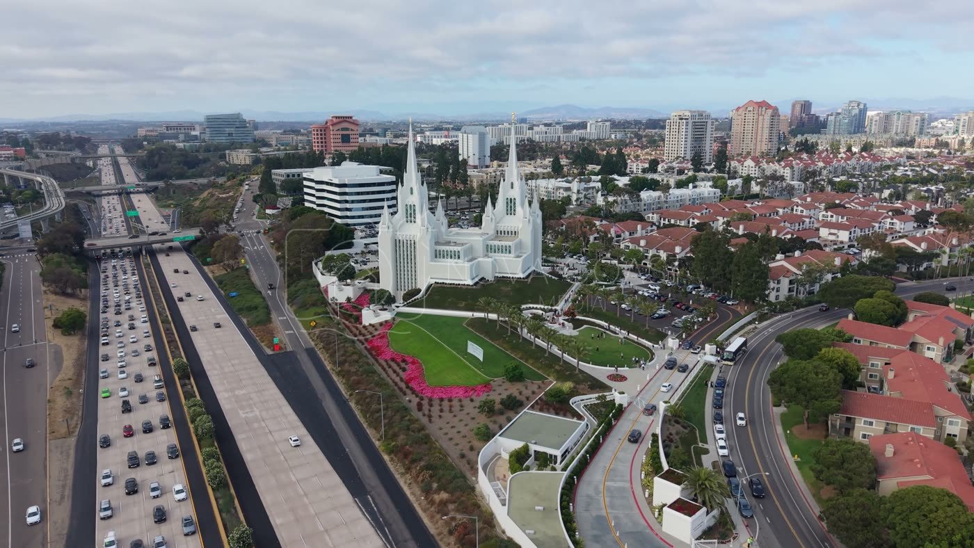 San Diego California Temple and Gardens Beside the I-5 Freeway – Overhead Detail
