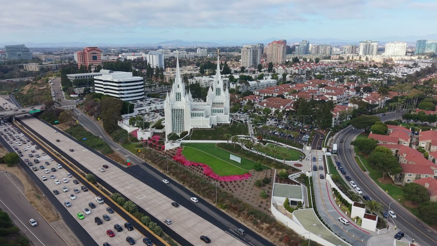 San Diego California Temple and Gardens Beside the I-5 Freeway – High-Angle Panorama