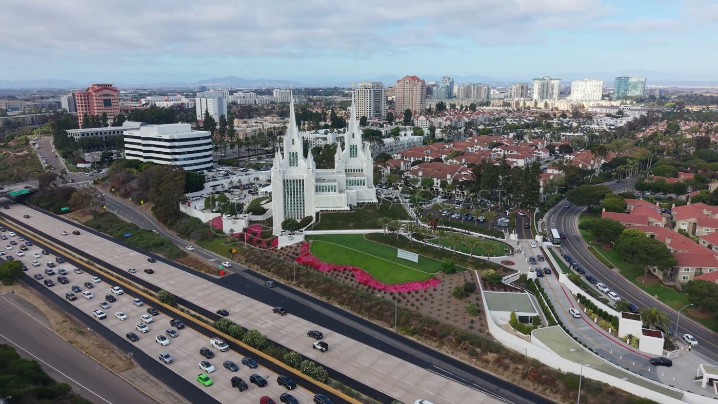 San Diego California Temple and Gardens Beside the I-5 Freeway – Cinematic Drone Angle